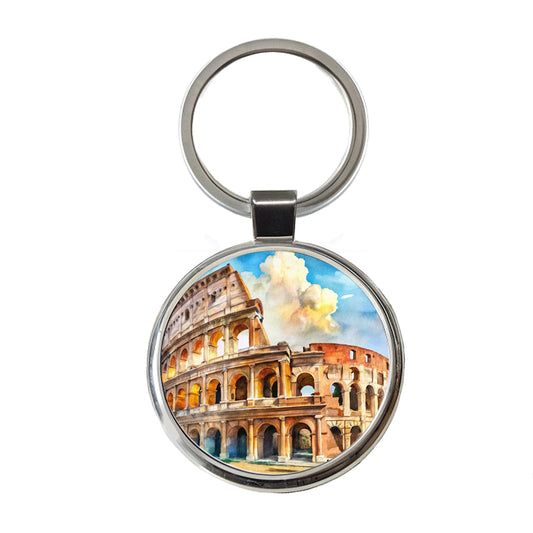 Ancient Rome Coliseum Watercolor Round Metal Keychain