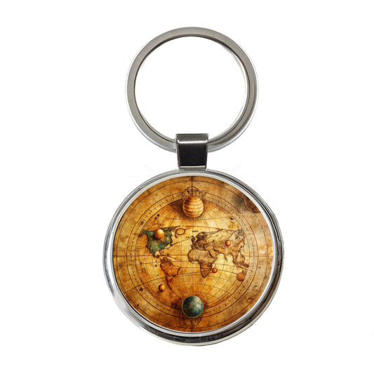 Ancient Worn Map Of The Earth and Solar System Round Metal Keychain
