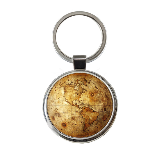 Ancient Worn Map the Earth Globe and Planets Round Metal Keychain