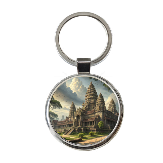 Angkor Wat Hindu Buddhist Temple Cambodia Round Metal Keychain