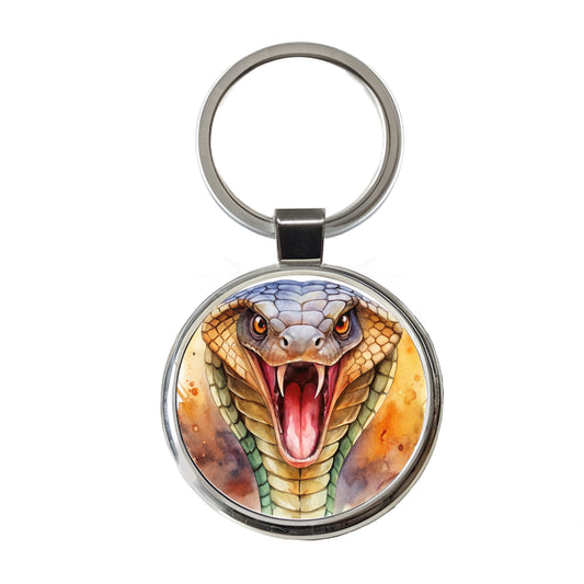 Angry Cobra Snake Reptile Close-up Watercolor Round Metal Keychain