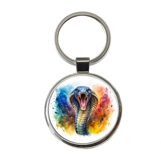 Angry Cobra Snake Reptile Watercolor Round Metal Keychain