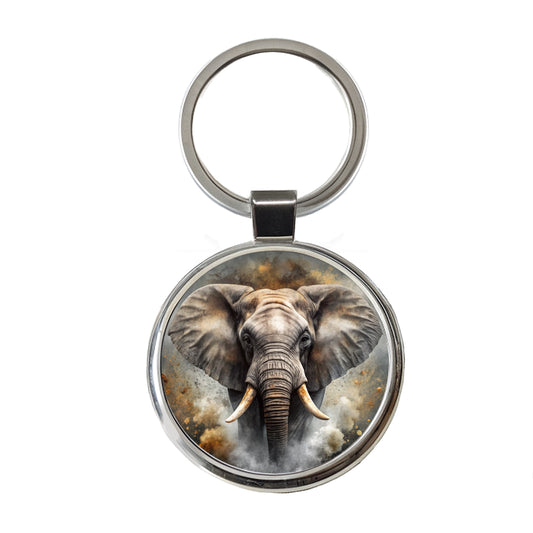 Angry Elephant Black Watercolor Round Metal Keychain