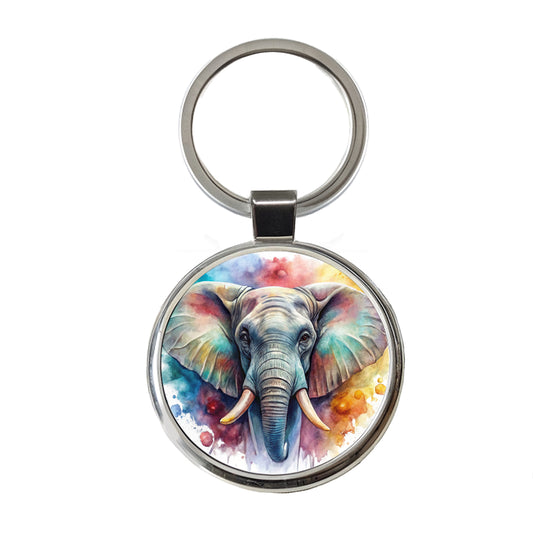 Angry Elephant Colorful Watercolor Round Metal Keychain