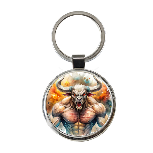 Angry Fantasy Minotaur Watercolor Round Metal Keychain