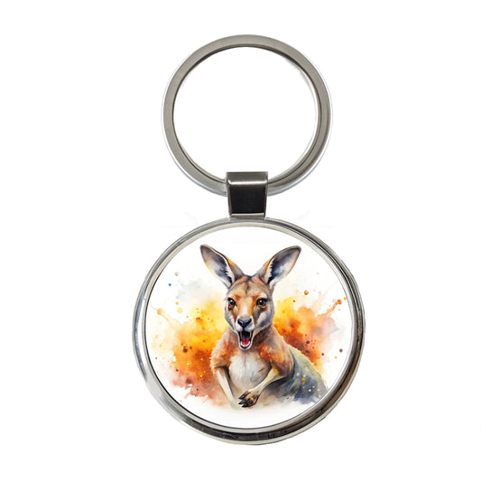 Angry Kangaroo Watercolor Round Metal Keychain