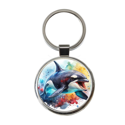 Angry Orca Killer Whale Watercolor Round Metal Keychain