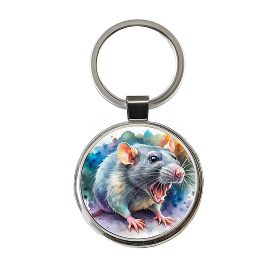 Angry Rat Watercolor Round Metal Keychain