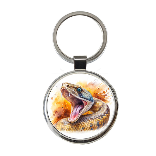 Angry Rattlesnake Snake Reptile Watercolor Round Metal Keychain