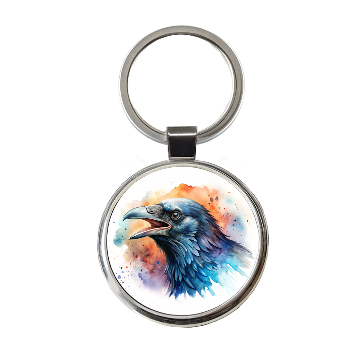 Angry Raven Watercolor Round Metal Keychain