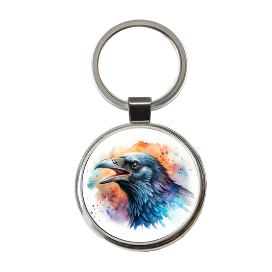 Angry Raven Watercolor Round Metal Keychain