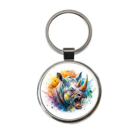 Angry Rhino Rhinoceros Watercolor Round Metal Keychain