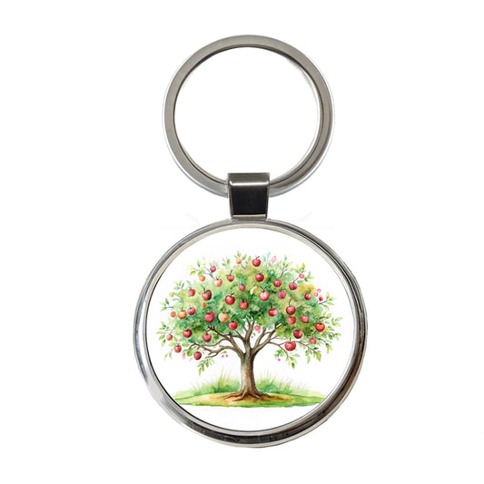 Apple Tree Watercolor Round Metal Keychain