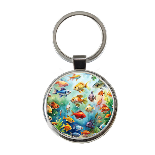 Aquarium Full Of Fish Watercolor Round Metal Keychain