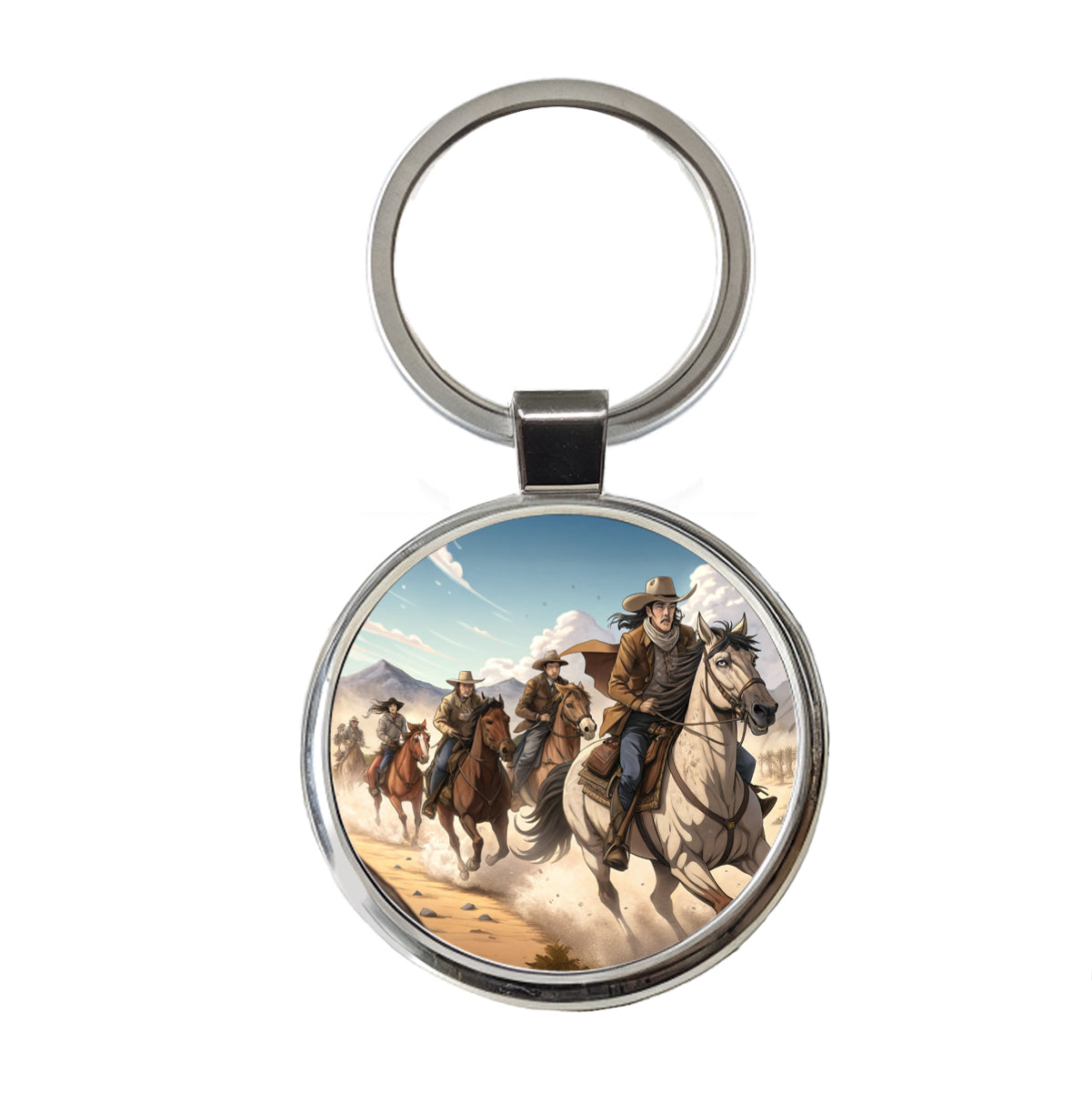 Bandits Riding Hard Old West Cowboys Western Round Metal Keychain
