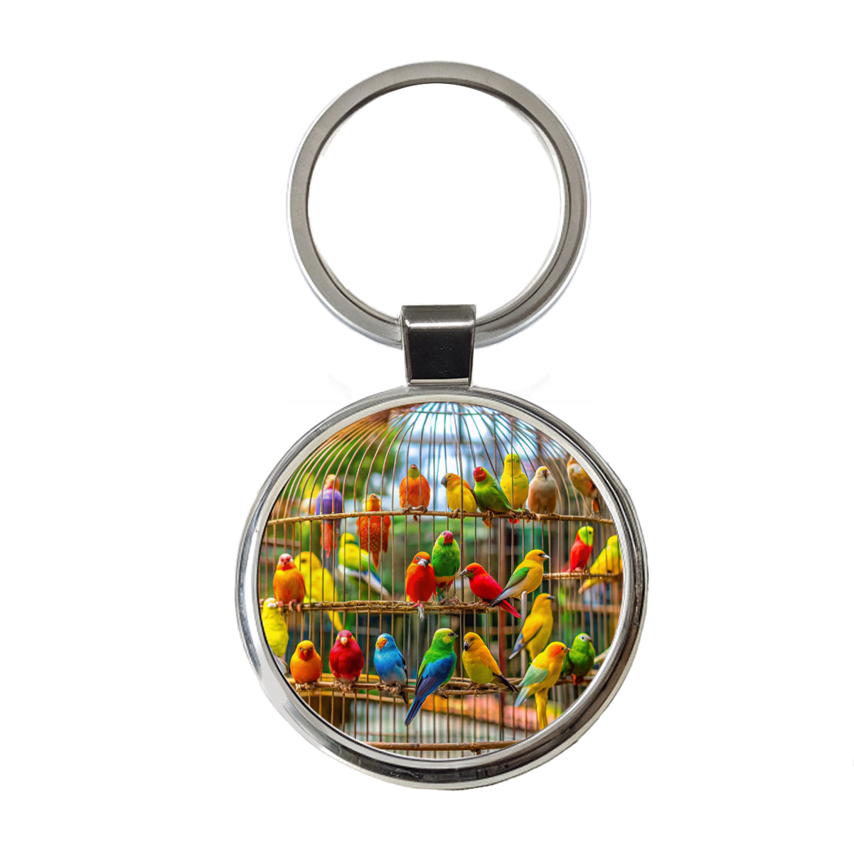 Bird Cage with Canaries Round Metal Keychain