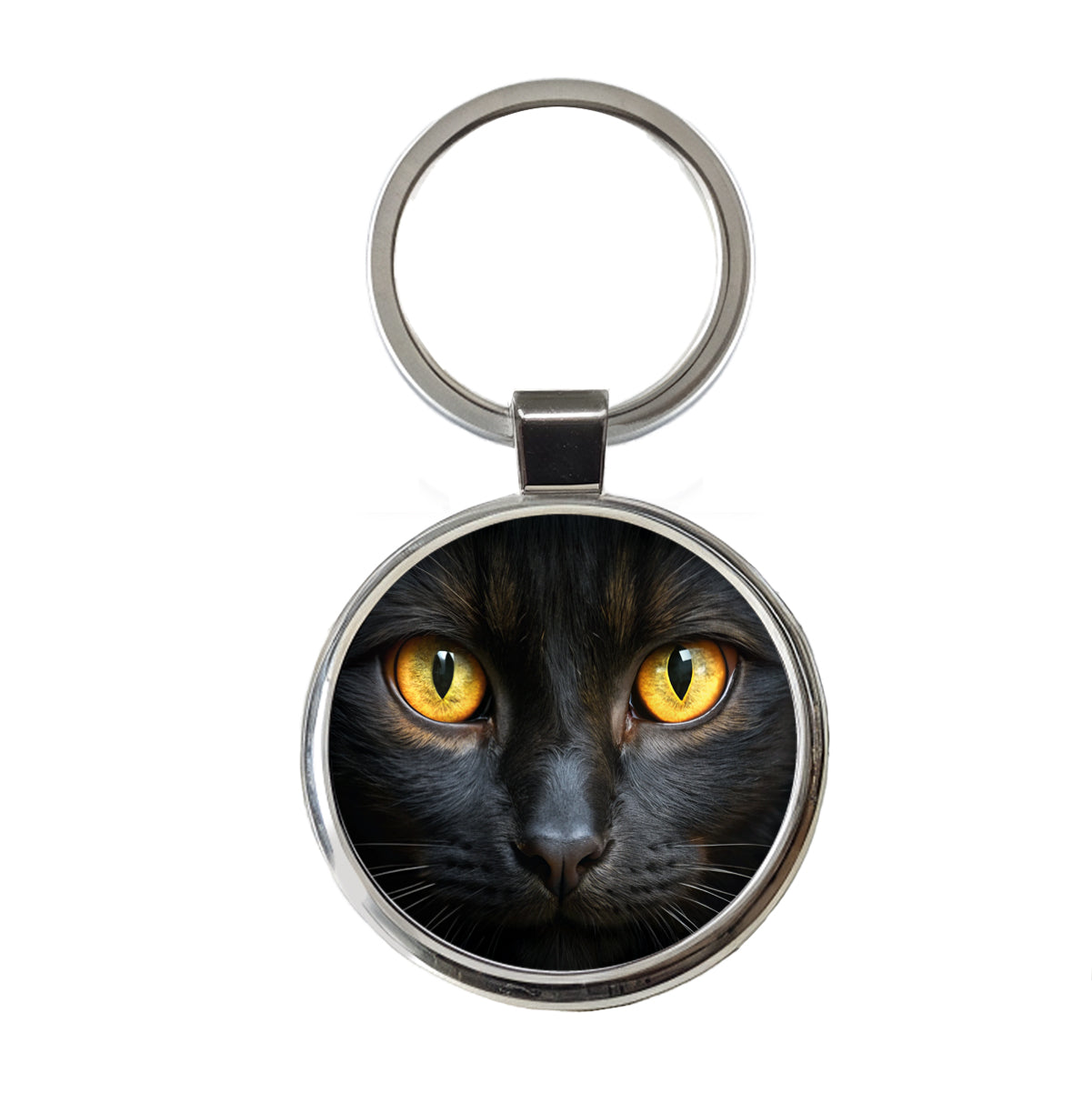 Black Cat with Gold Eyes Round Metal Keychain