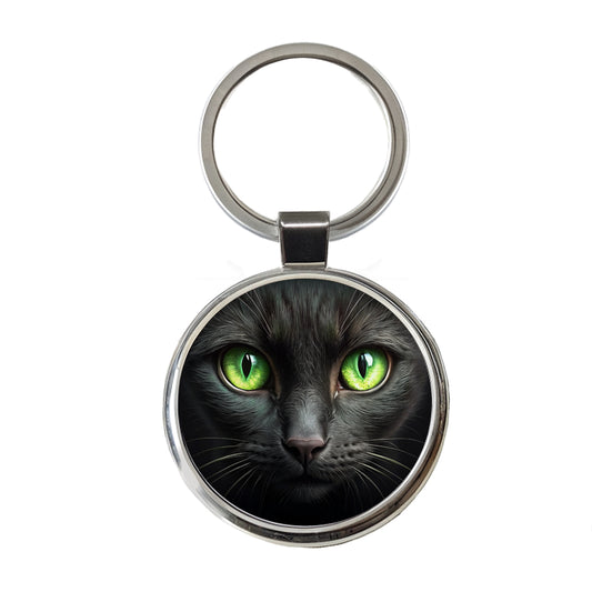 Black Cat with Green Eyes Round Metal Keychain