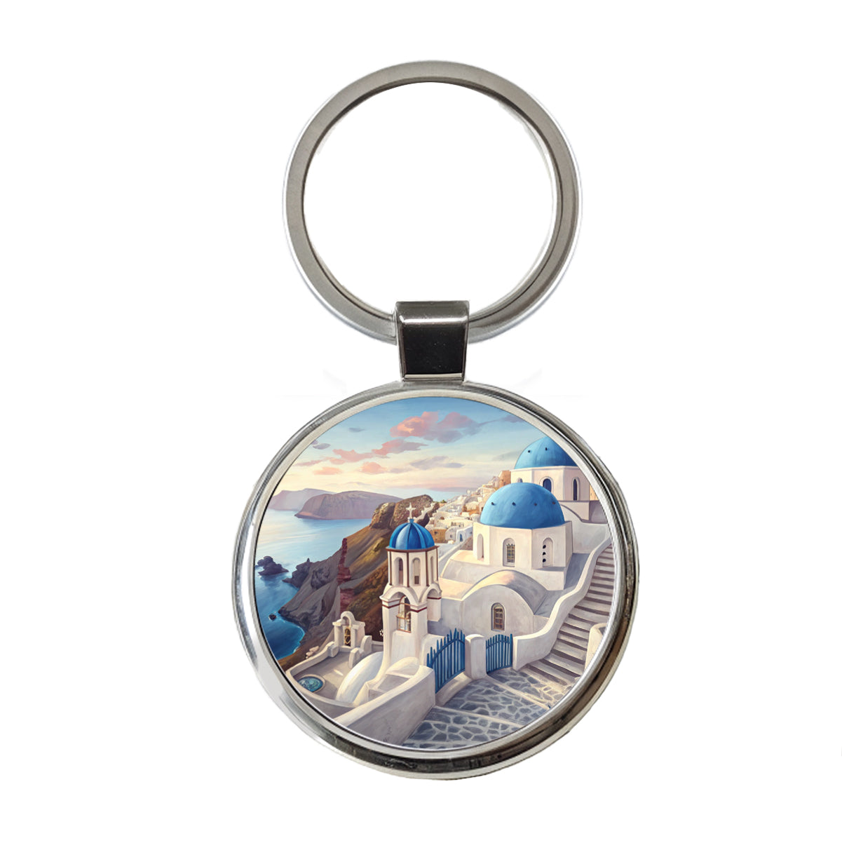 Blue Domes Of Oia Santorini Greece Aegean Sea Round Metal Keychain