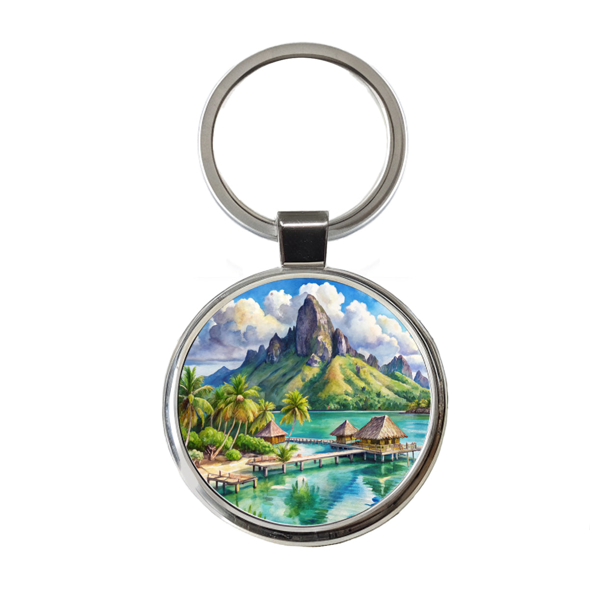 Bora Bora French Polynesia Watercolor Round Metal Keychain
