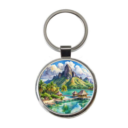 Bora Bora French Polynesia Watercolor Round Metal Keychain