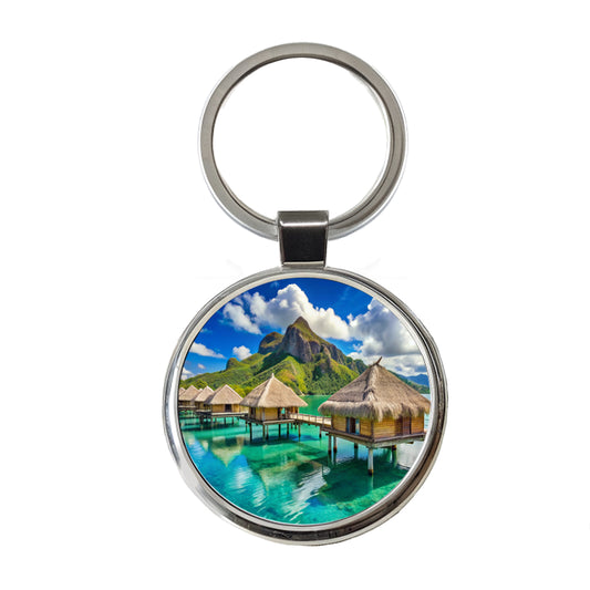 Bora Bora Huts On Water French Polynesia Round Metal Keychain