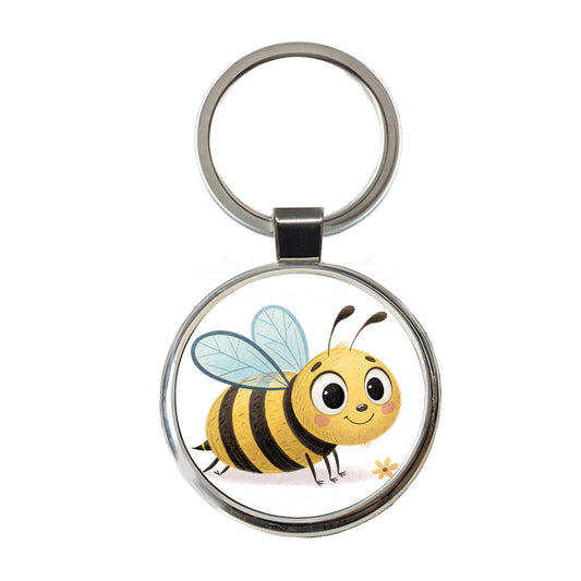 Bumble Bee Children's Illustration Style Round Metal Keychain