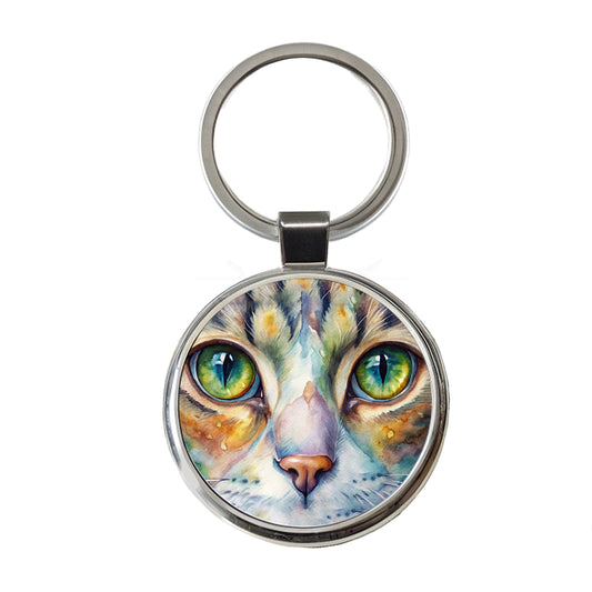 Cat Eyes Close-Up Watercolor Round Metal Keychain