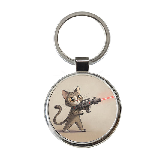 Cat With Laser Gun Sci-fi Cartoon Round Metal Keychain
