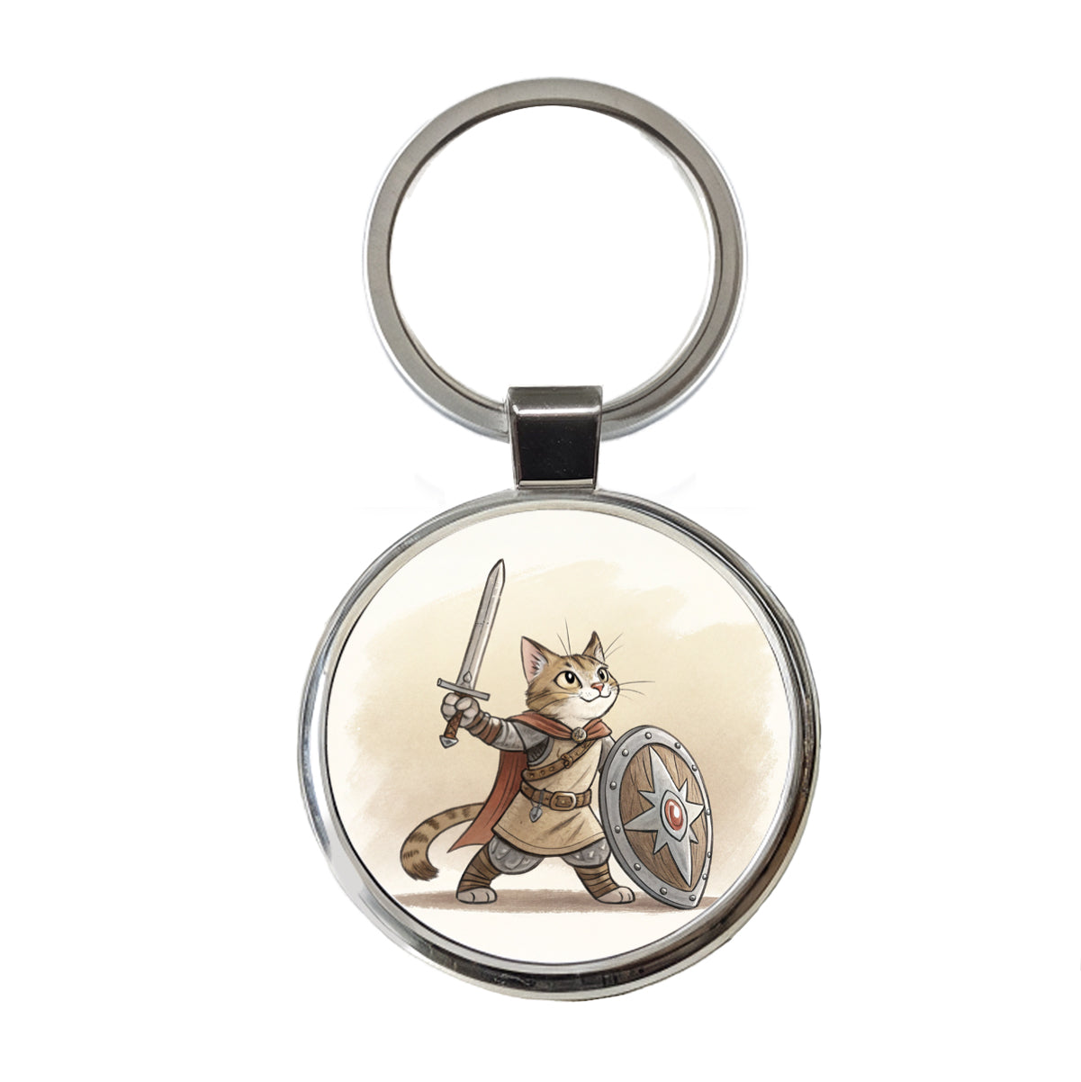 Cat With Sword And Shield Fantasy Medieval Cartoon Round Metal Keychain