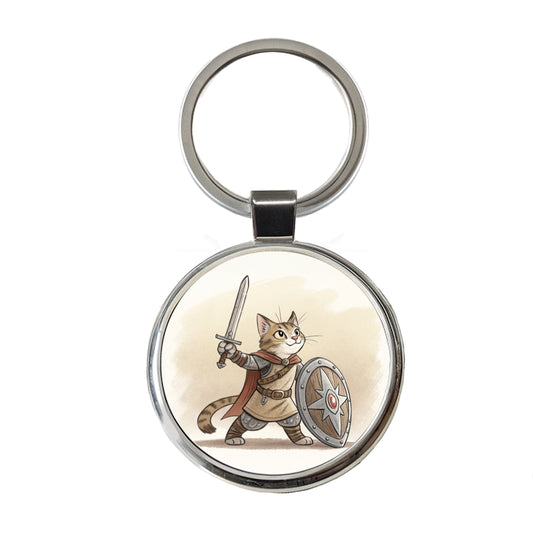 Cat With Sword And Shield Fantasy Medieval Cartoon Round Metal Keychain