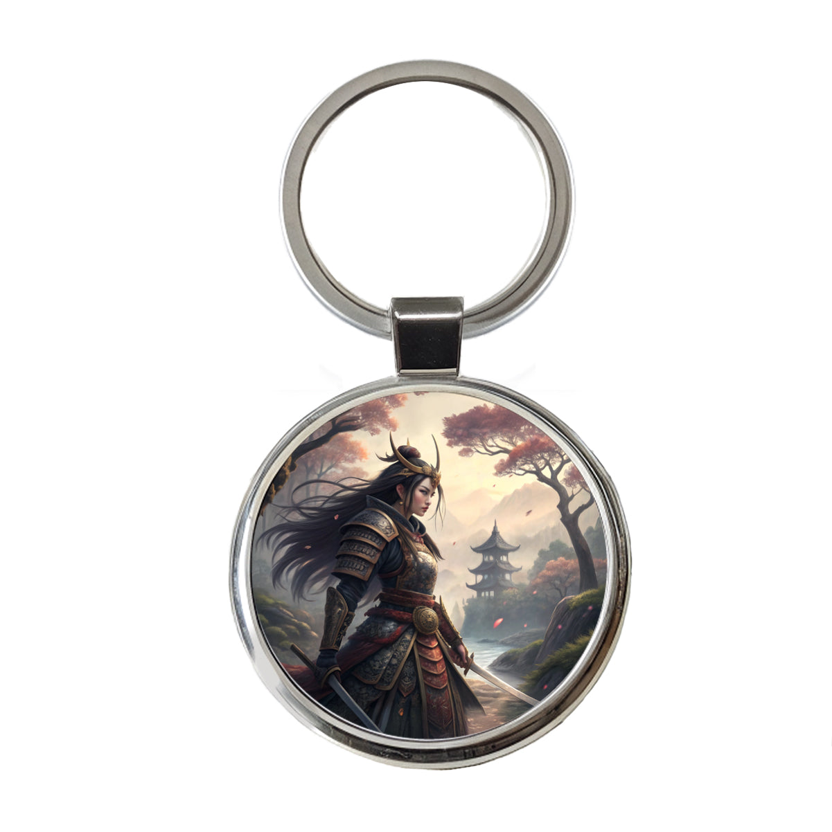 Classic Japanese Anime Style Fantasy Warrior Woman Round Metal Keychain