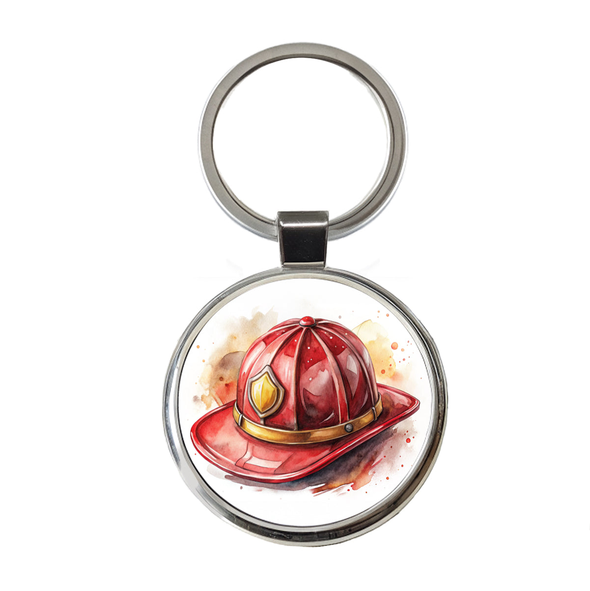 Classic Red Firefighter Fireman Helmet Watercolor Round Metal Keychain