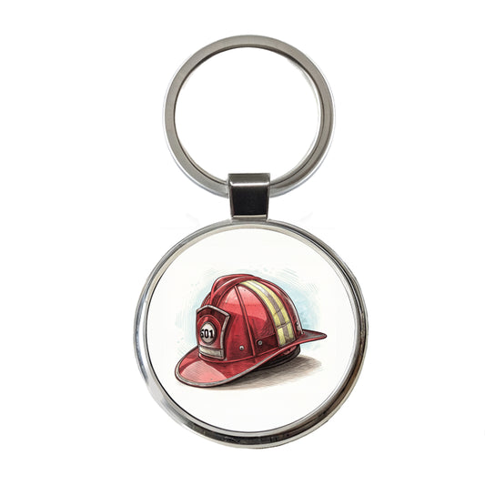 Classic Red Firefighter Fireman Helmet Round Metal Keychain