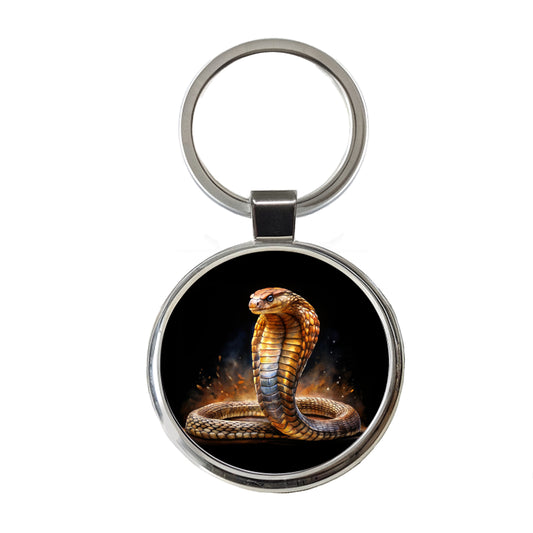 Cobra Snake Black Watercolor Round Metal Keychain