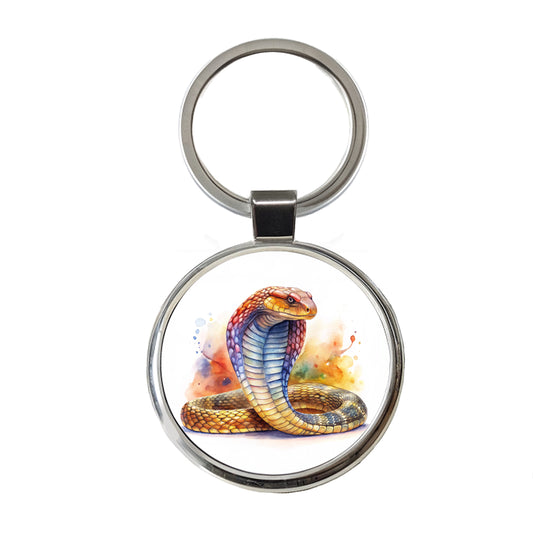 Cobra Snake Watercolor Round Metal Keychain