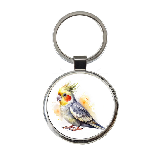 Cockatiel Parrot Bird Watercolor Round Metal Keychain