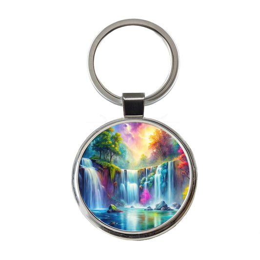 Colorful Fantasy Forest Waterfalls Round Metal Keychain