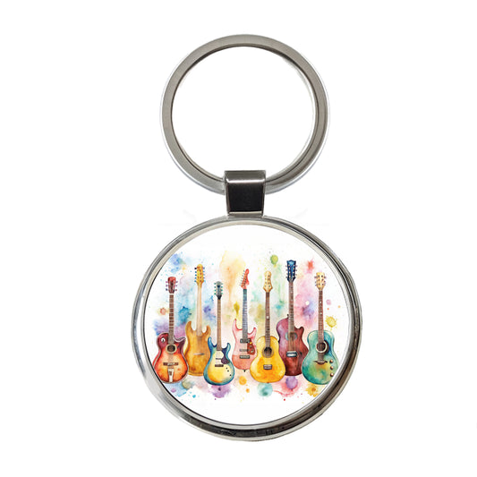 Colorful Guitar Collection Watercolor Round Metal Keychain