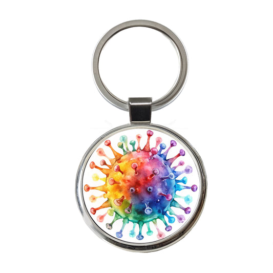 Colorful Rainbow Virus Watercolor Round Metal Keychain