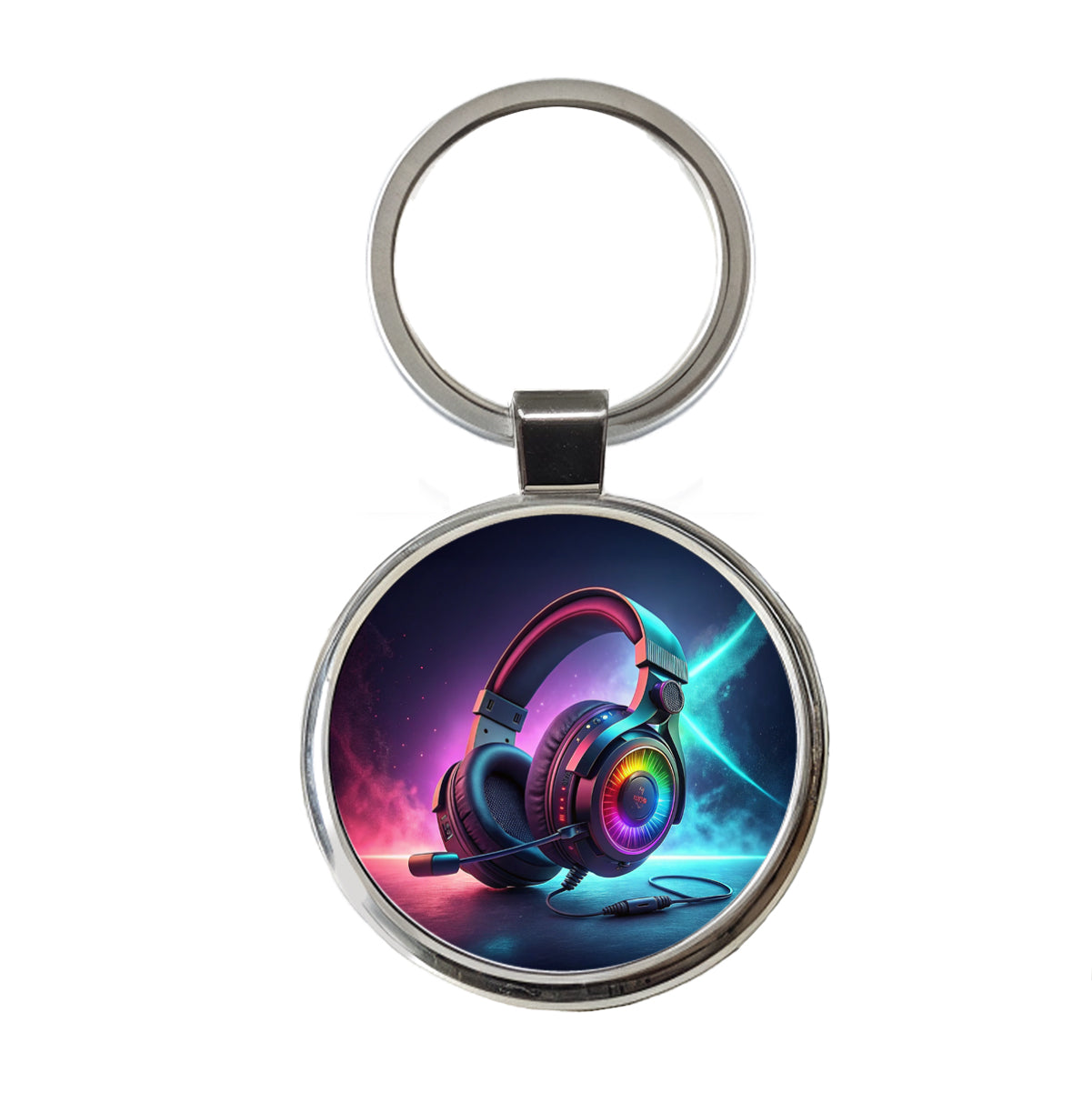 Computer Console Gaming Headphones Round Metal Keychain