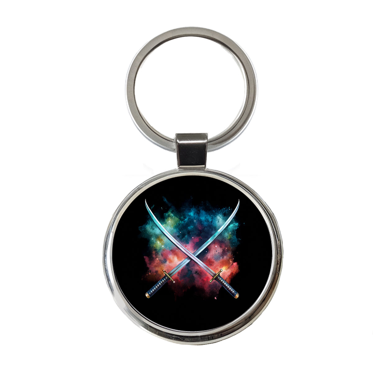 Crossed Katana Samurai Ninja Swords Black Watercolor Round Metal Keychain