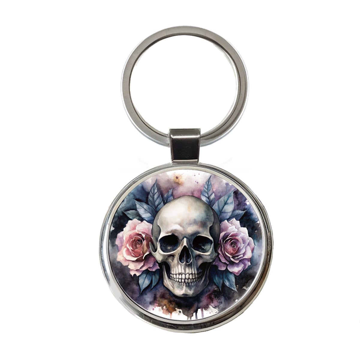 Death Skull Roses Black Watercolor Round Metal Keychain