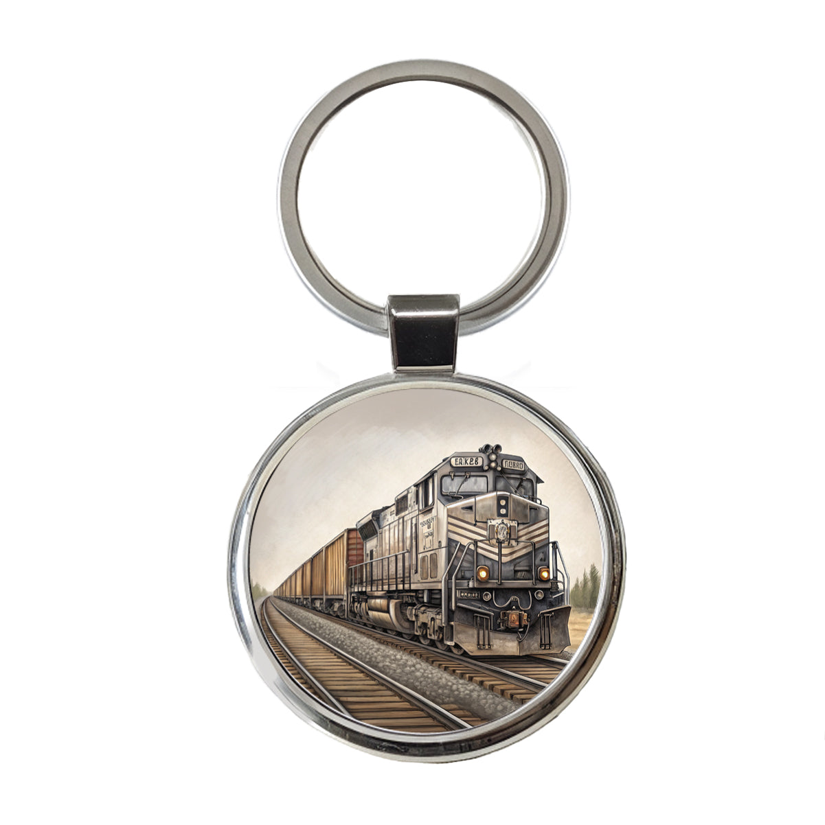 Diesel Locomotive Pulling A Long Line Of Freight Cars Round Metal Keychain