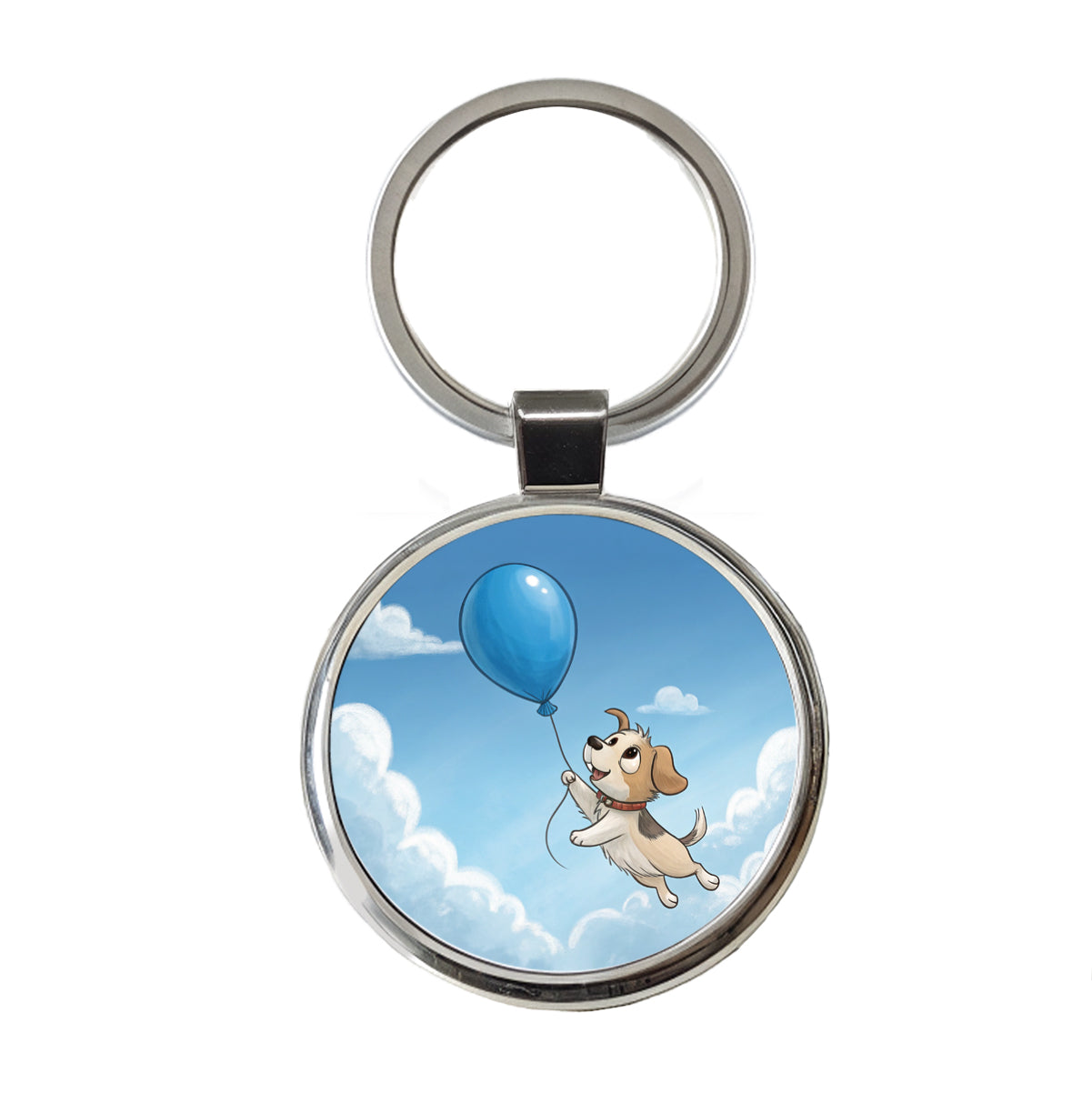 Dog Carried by Blue Balloon into the Sky Round Metal Keychain