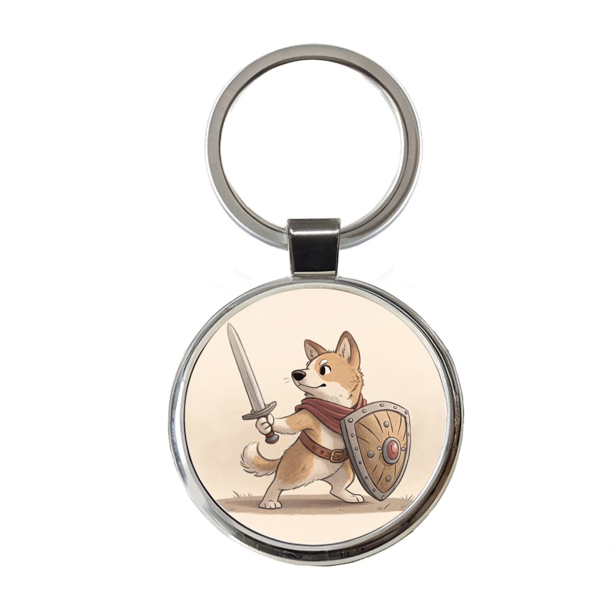 Dog With Sword And Shield Fantasy Medieval Cartoon Round Metal Keychain