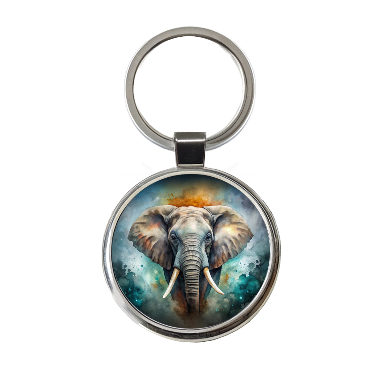 Elephant on Black Watercolor Background Round Metal Keychain