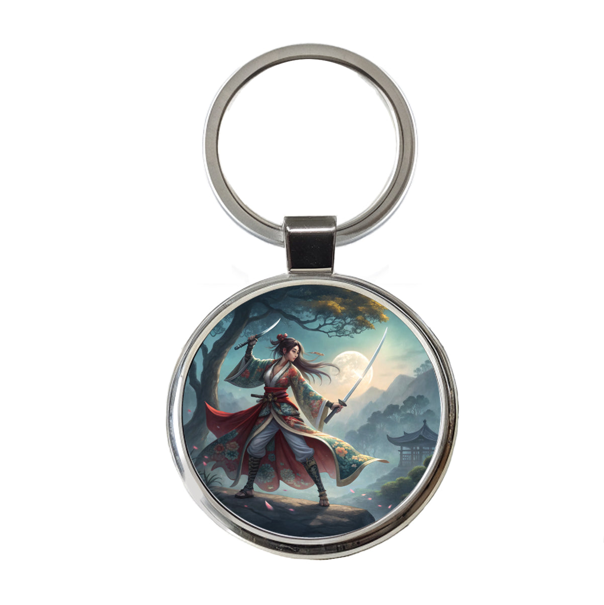 Fantasy Female Warrior Classic Japanese Anime Style Round Metal Keychain