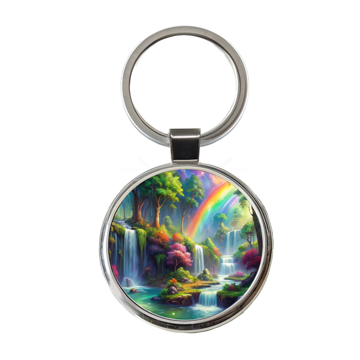 Fantasy Forest Rainbow Waterfalls Watercolor Round Metal Keychain