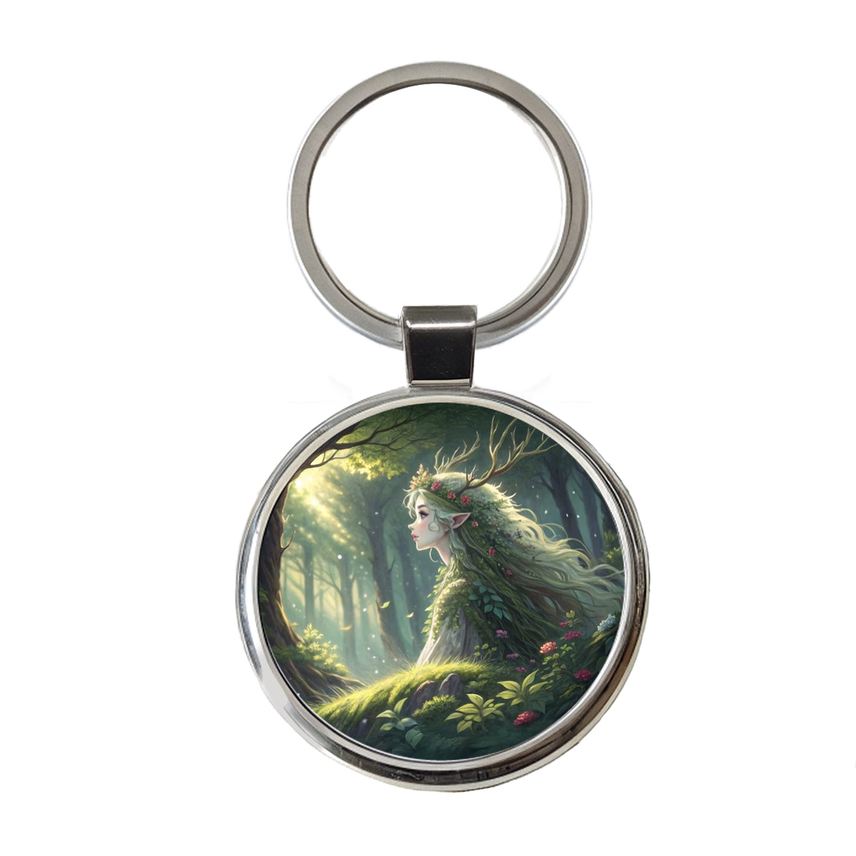 Fantasy Forest Spirit Anime Style Round Metal Keychain